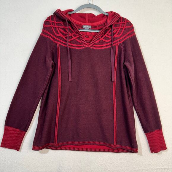 Eddie Bauer Chunky Burgundy & Red Celtic Trim Hooded Pullover Sweater Size Large - Picture 1 of 10